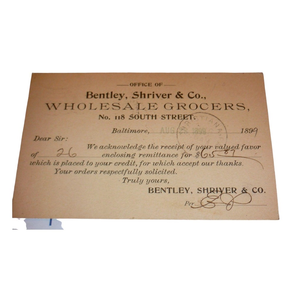 1899 Bentley Shriver Co Baltimore Wholesale Grocers Antique Postal Card Receipt